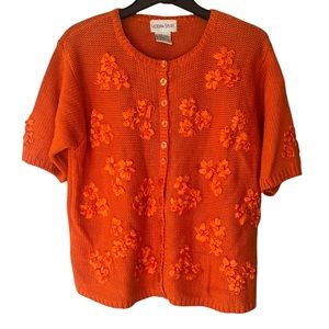 Victoria Sport True VTG Knit Embroidered Flowers Short Sleeve Cardigan Sweater M